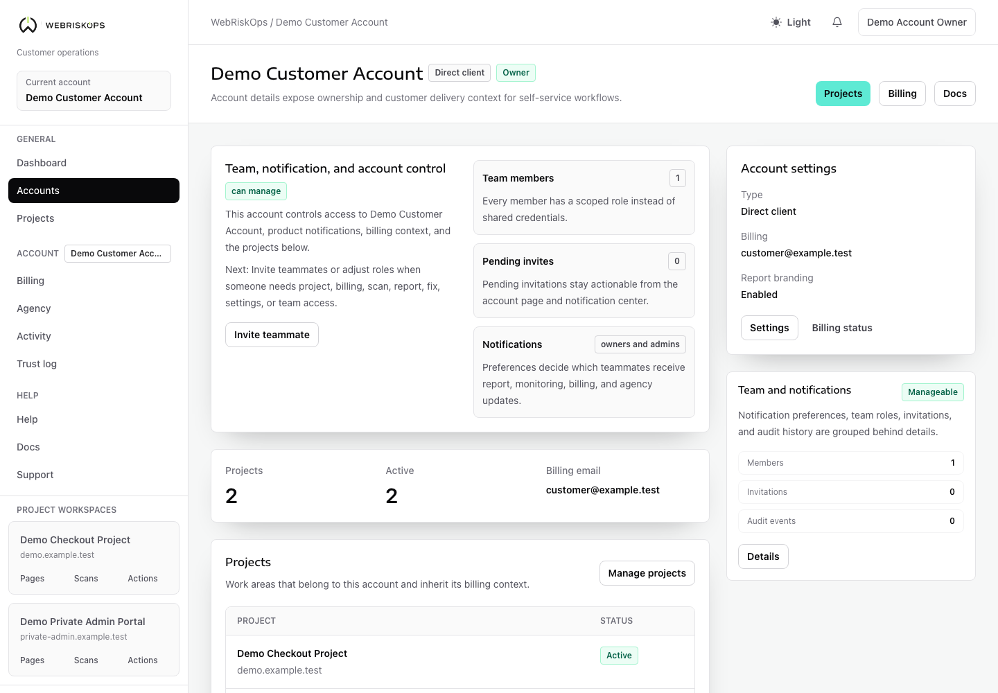 WebRiskOps account notification preferences with report-ready, monitoring, billing and team recipient controls