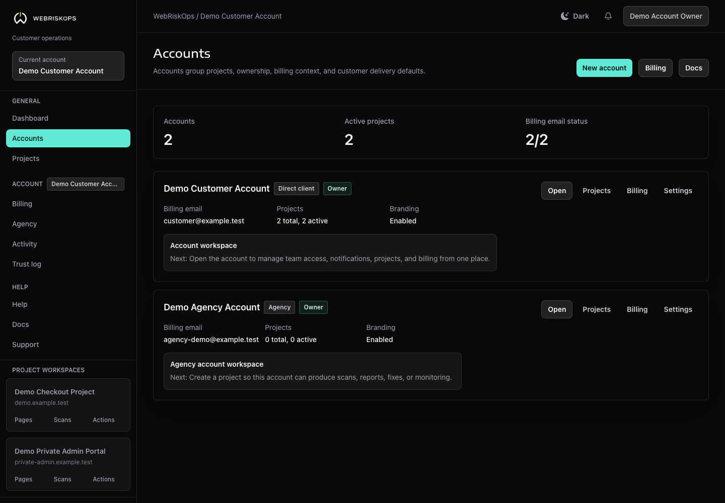 WebRiskOps account cards and current account context for switching between owned, team and agency workspaces