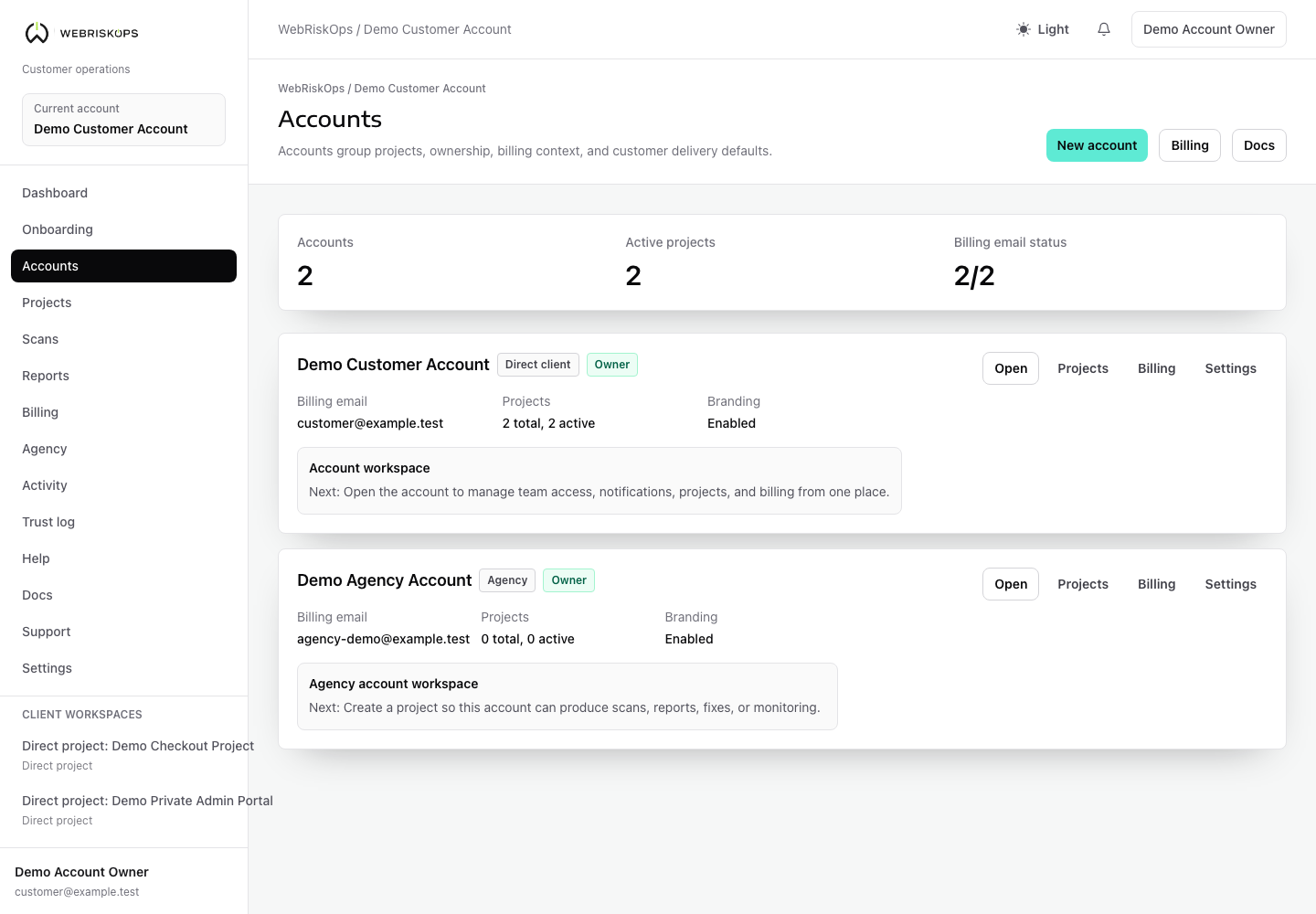WebRiskOps account cards and current account context for switching between owned, team and agency workspaces