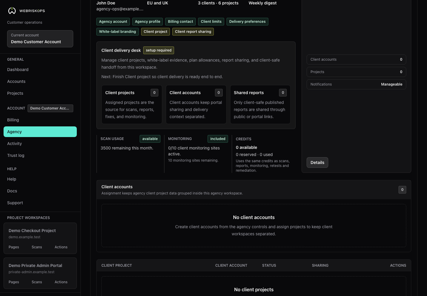 WebRiskOps agency workspace showing Pro plan state, pooled credits, client limits and monitoring allowance
