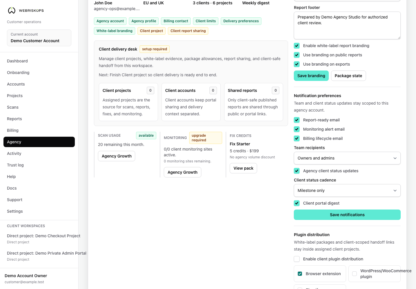 WebRiskOps agency workspace showing plan state, scan allowance, client limits, monitoring allowance and fix credit pack