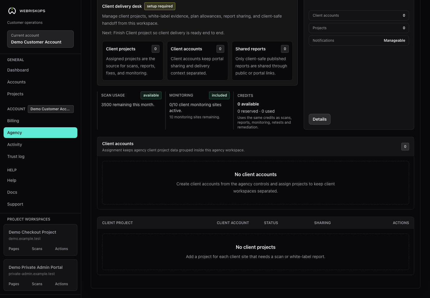 WebRiskOps agency workspace with create client account form, client accounts list and client project assignment table