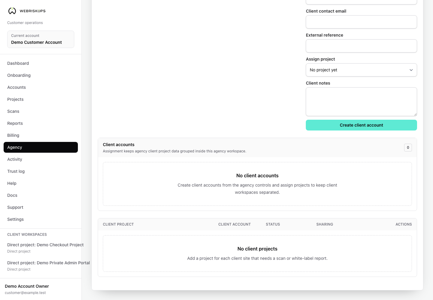 WebRiskOps agency workspace with create client account form, client accounts list and client project assignment table