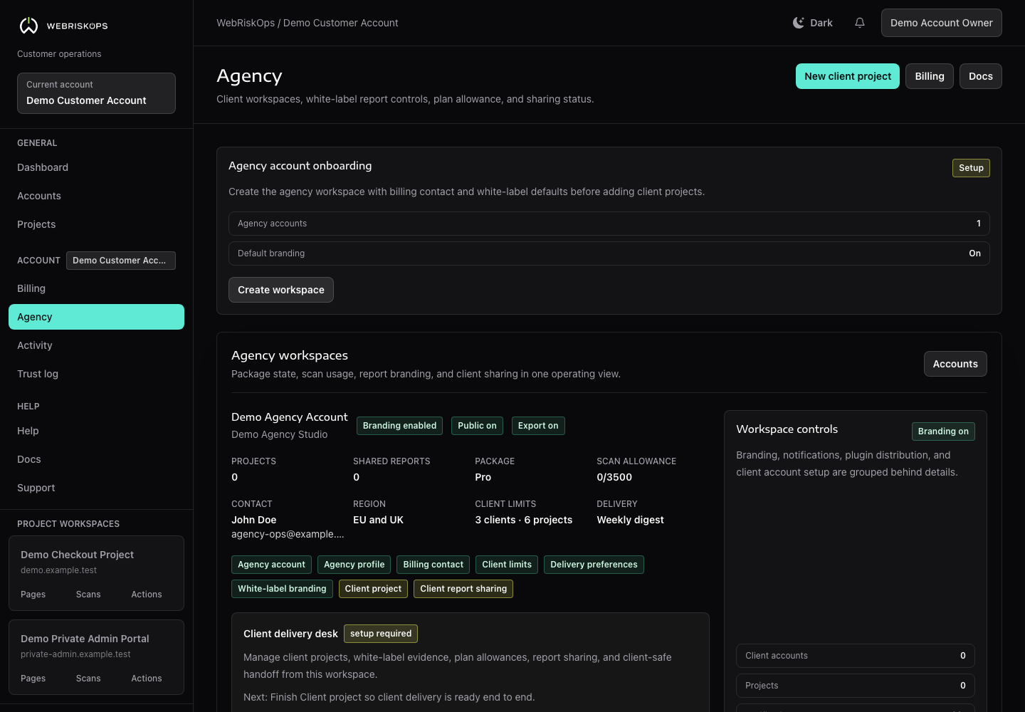 WebRiskOps agency white-label branding controls with report brand, logo URL, footer, public report and export toggles