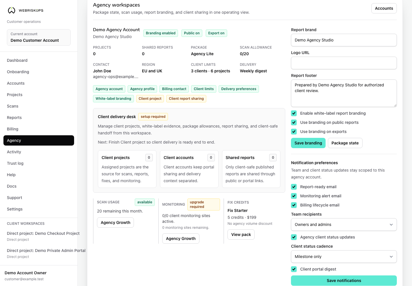 WebRiskOps agency white-label branding controls with report brand, logo URL, footer, public report and export toggles