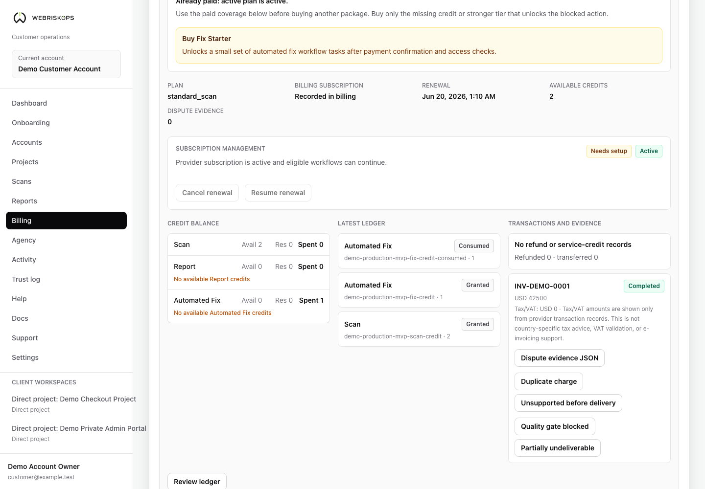 WebRiskOps billing workspace with account entitlement state, credit balance, top-ups and project service dependencies