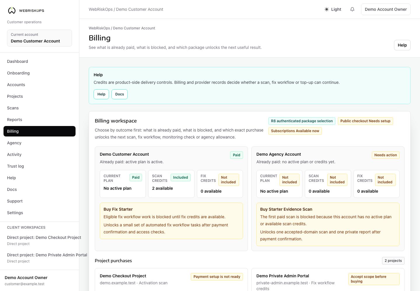 WebRiskOps Billing fix workflow credit top-up controls with Fix Plan allowance and top-up state
