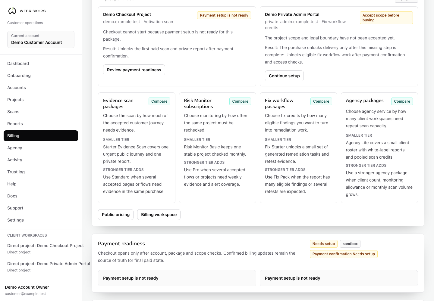 WebRiskOps Billing monitoring plan card with Monitor Plan checkout readiness
