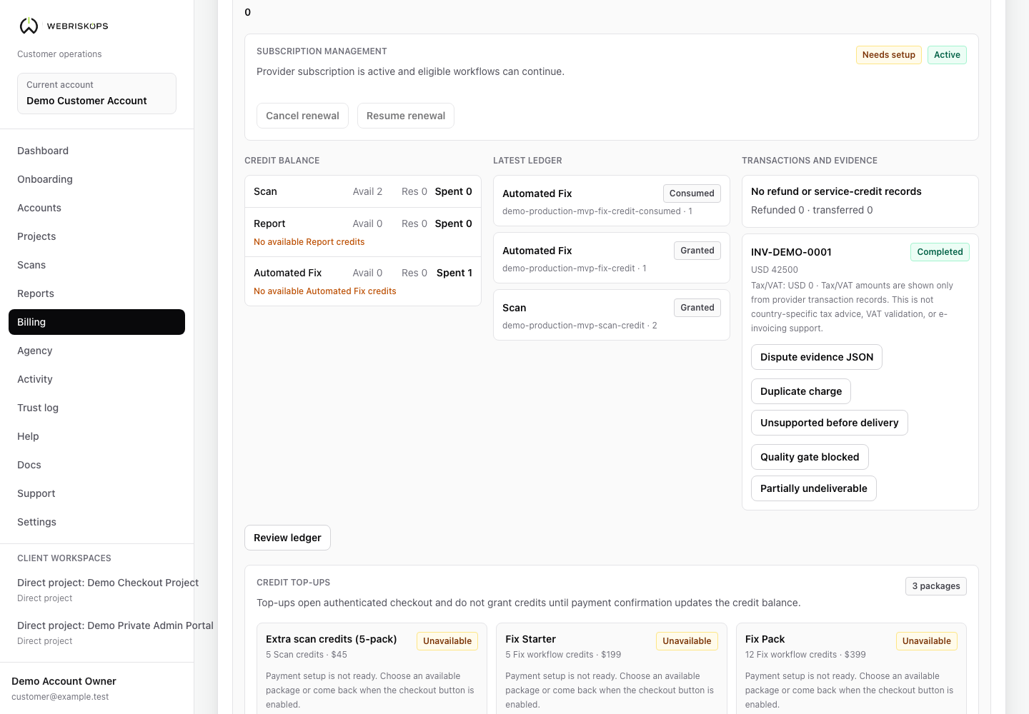 WebRiskOps Billing transactions and evidence with refund, service credit and dispute evidence actions