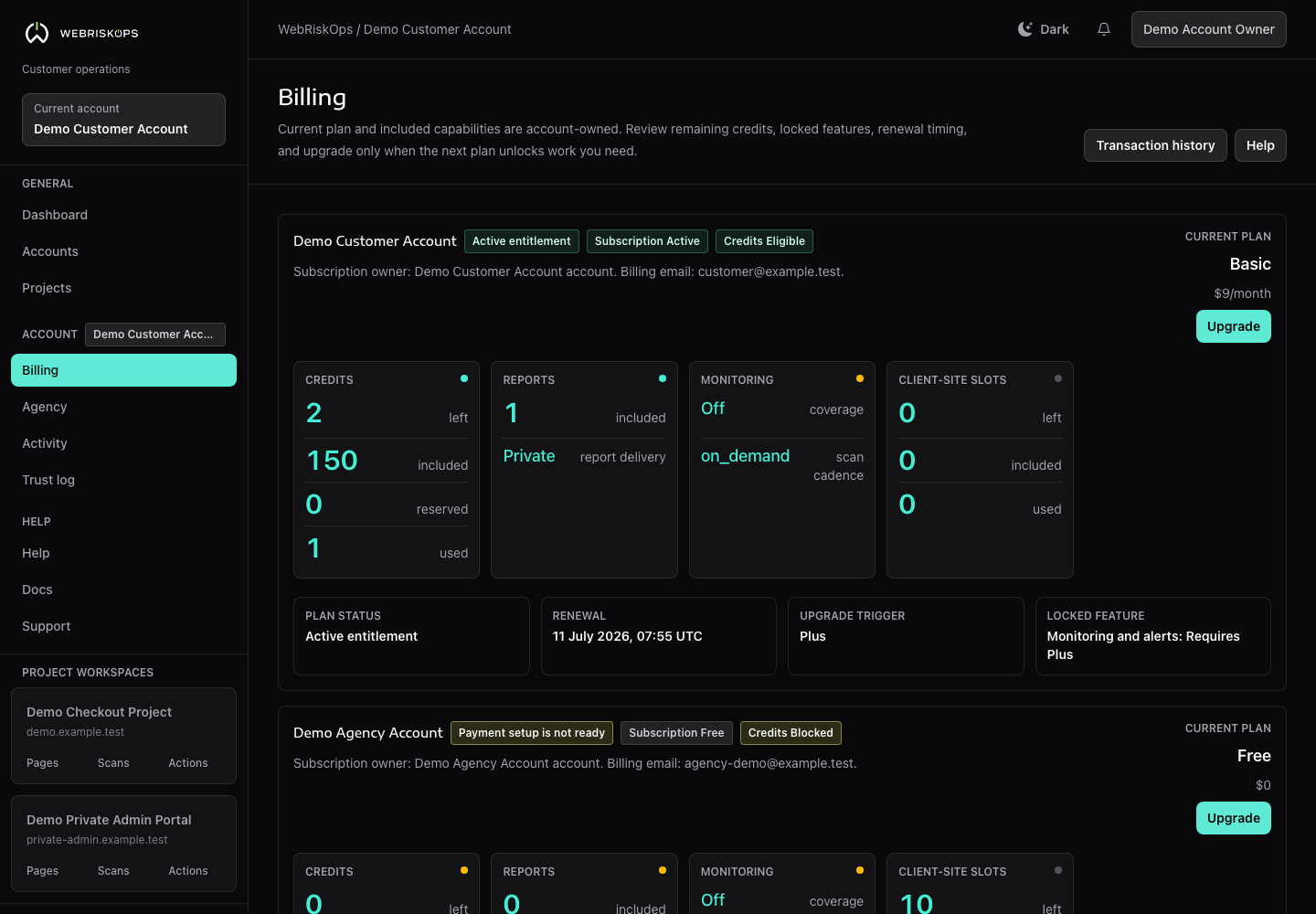 WebRiskOps Billing credits balance with Pro remediation eligibility and upgrade trigger