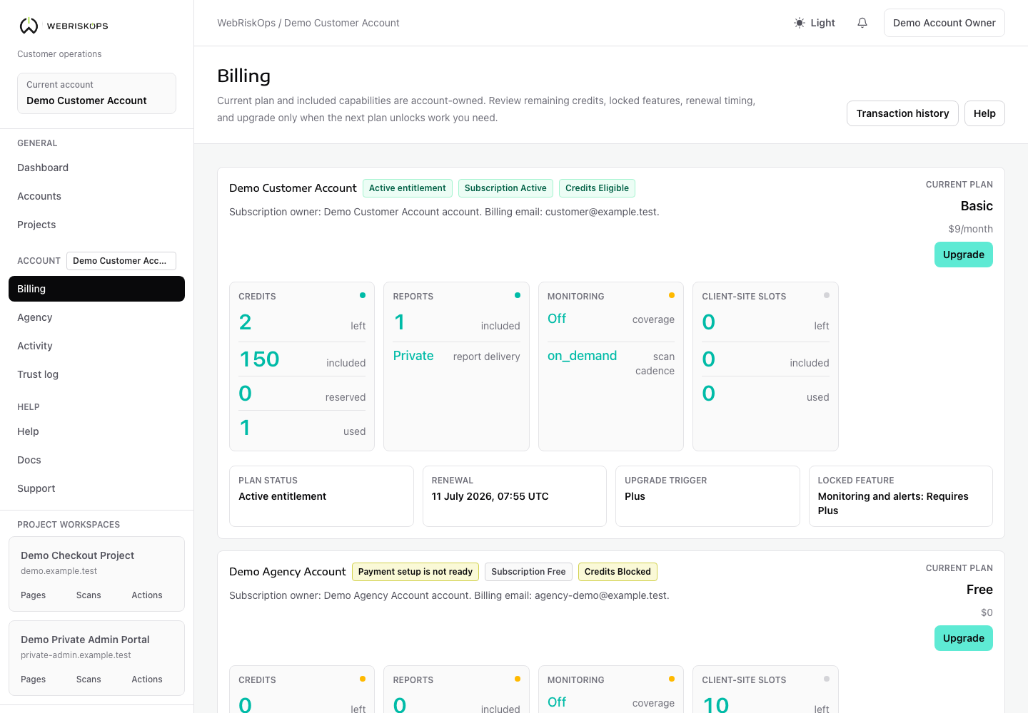 WebRiskOps Billing credits balance with Pro remediation eligibility and upgrade trigger