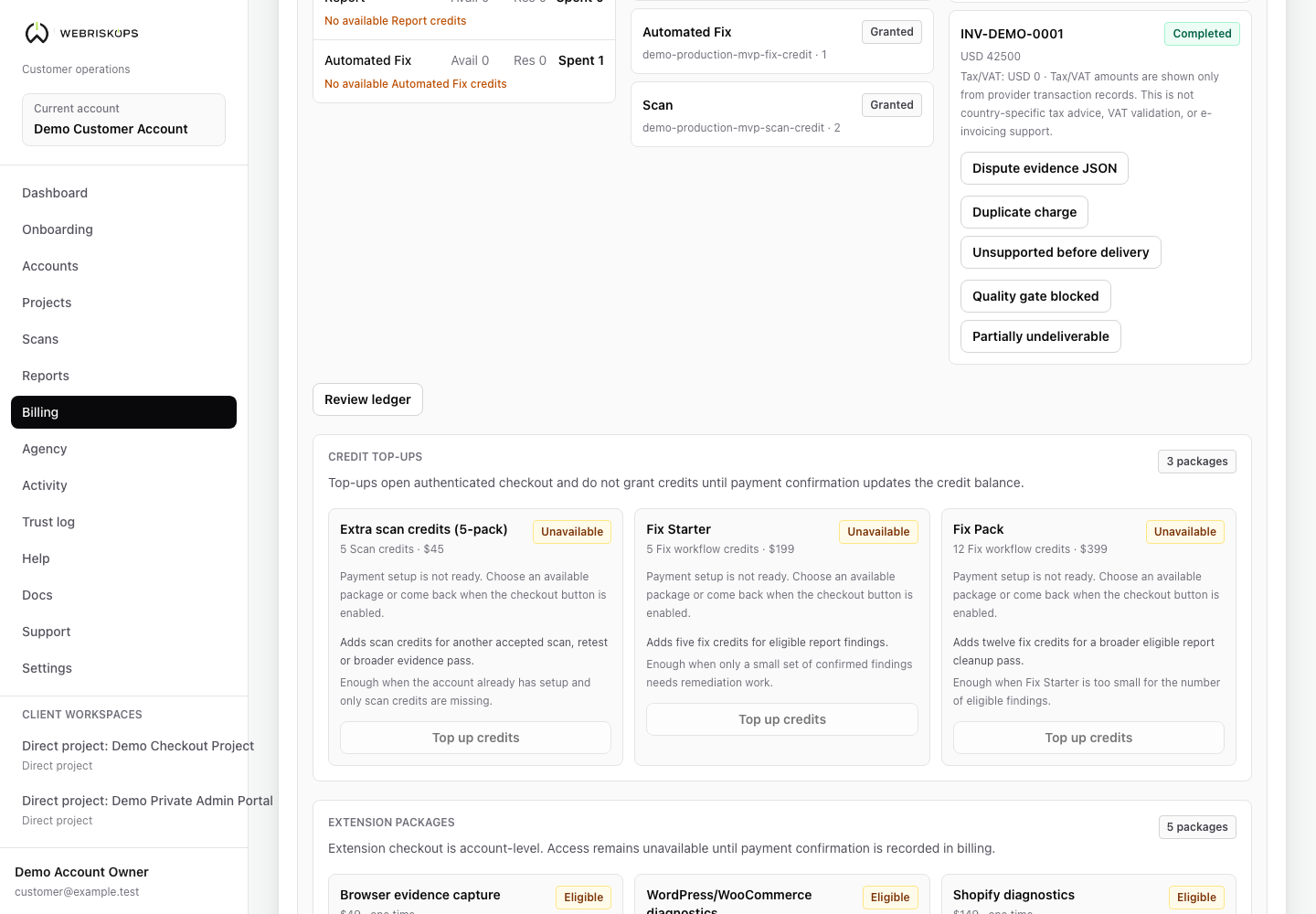 WebRiskOps Billing scan credit top-up controls with account credit balance and synthetic customer data