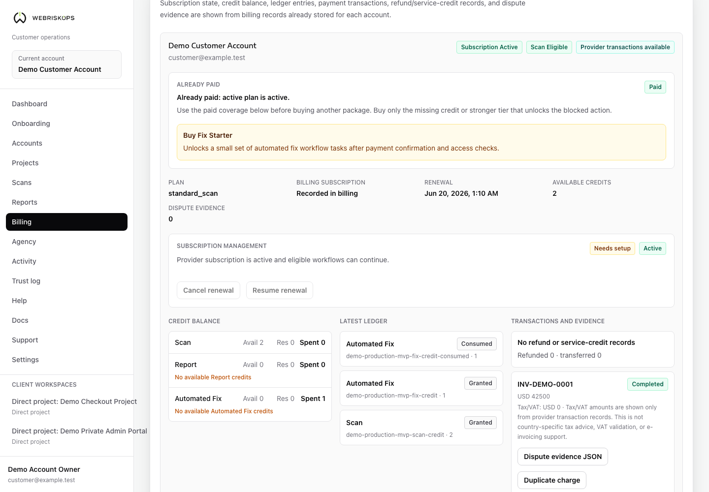 WebRiskOps Billing subscription management with renewal date, cancel renewal and resume renewal controls