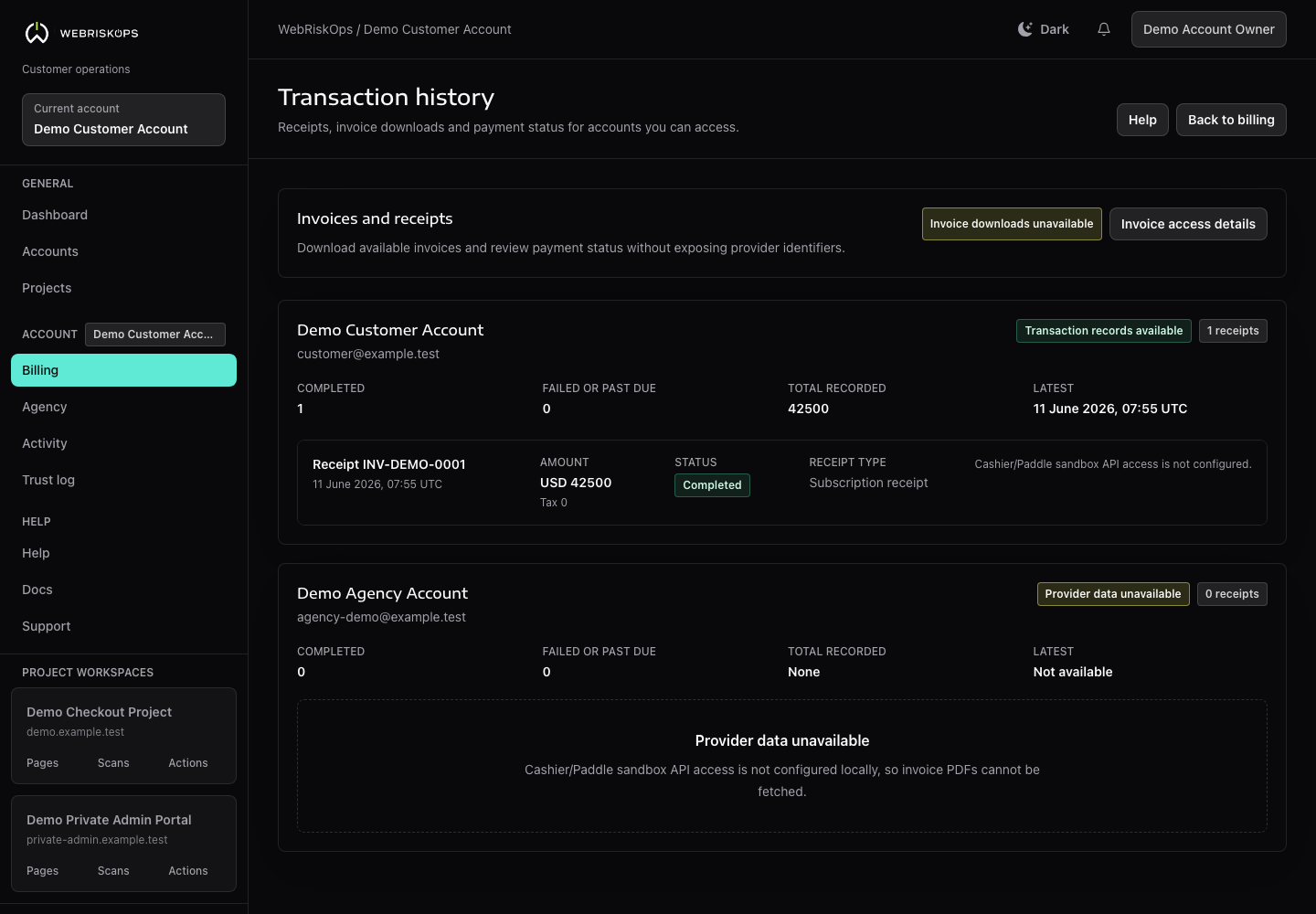 WebRiskOps transaction history with provider-confirmed receipts, invoice download state and account-scoped finance records