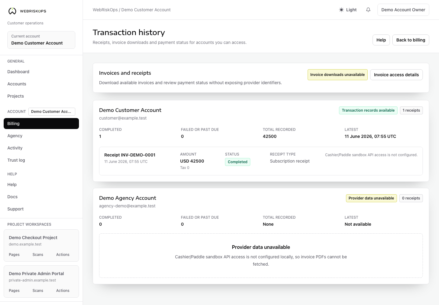 WebRiskOps transaction history with provider-confirmed receipts, invoice download state and account-scoped finance records