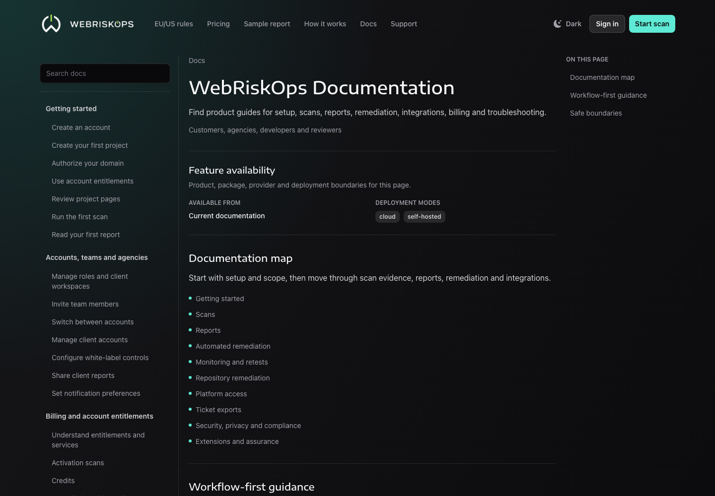 WebRiskOps documentation overview with search, navigation and product workflow sections