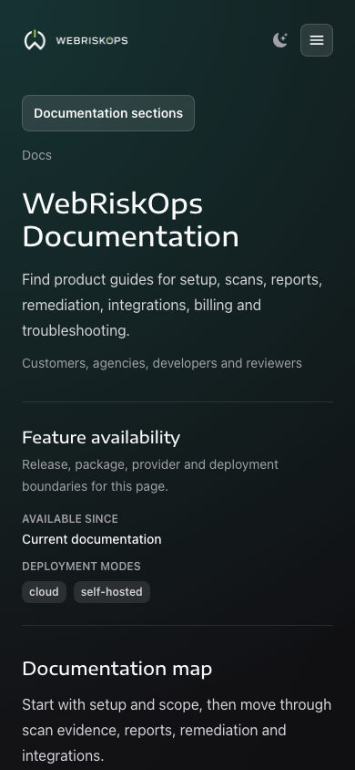 WebRiskOps documentation overview with search, navigation and product workflow sections
