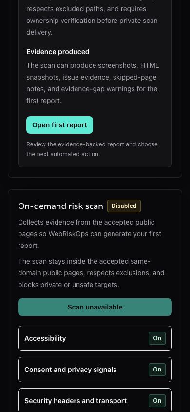 WebRiskOps on-demand risk scan panel with ready state, run scan button, crawl limits and enabled scan modules