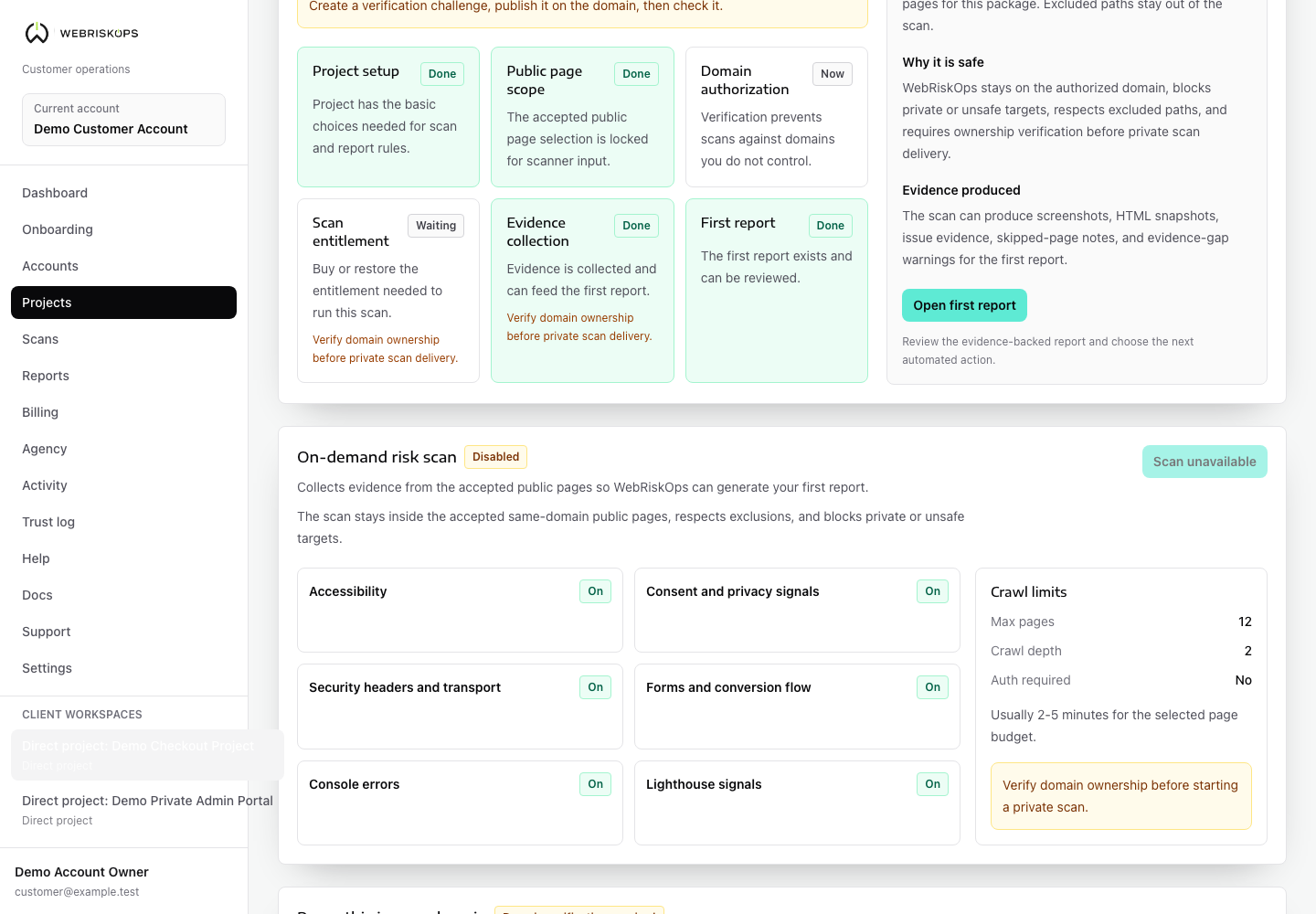 WebRiskOps on-demand risk scan panel with ready state, run scan button, crawl limits and enabled scan modules