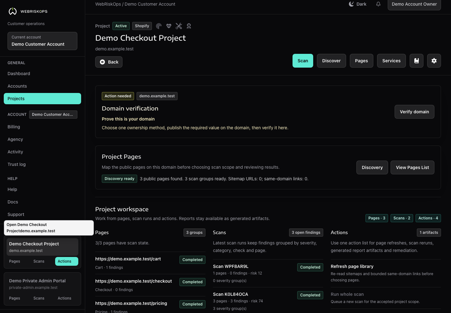 WebRiskOps Project Pages view with discovered same-domain public pages and path boundary context