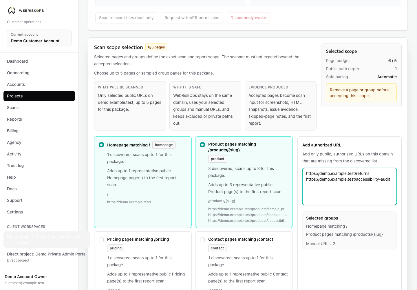 WebRiskOps scan scope selection with synthetic manual URLs entered in the Add authorized URL field