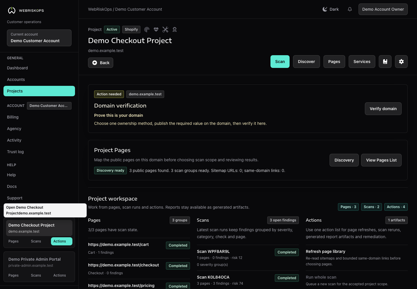 WebRiskOps domain ownership verification panel with challenge method, current challenge and check verification action