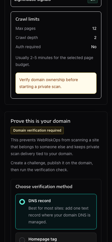WebRiskOps domain ownership verification panel with challenge method, current challenge and check verification action