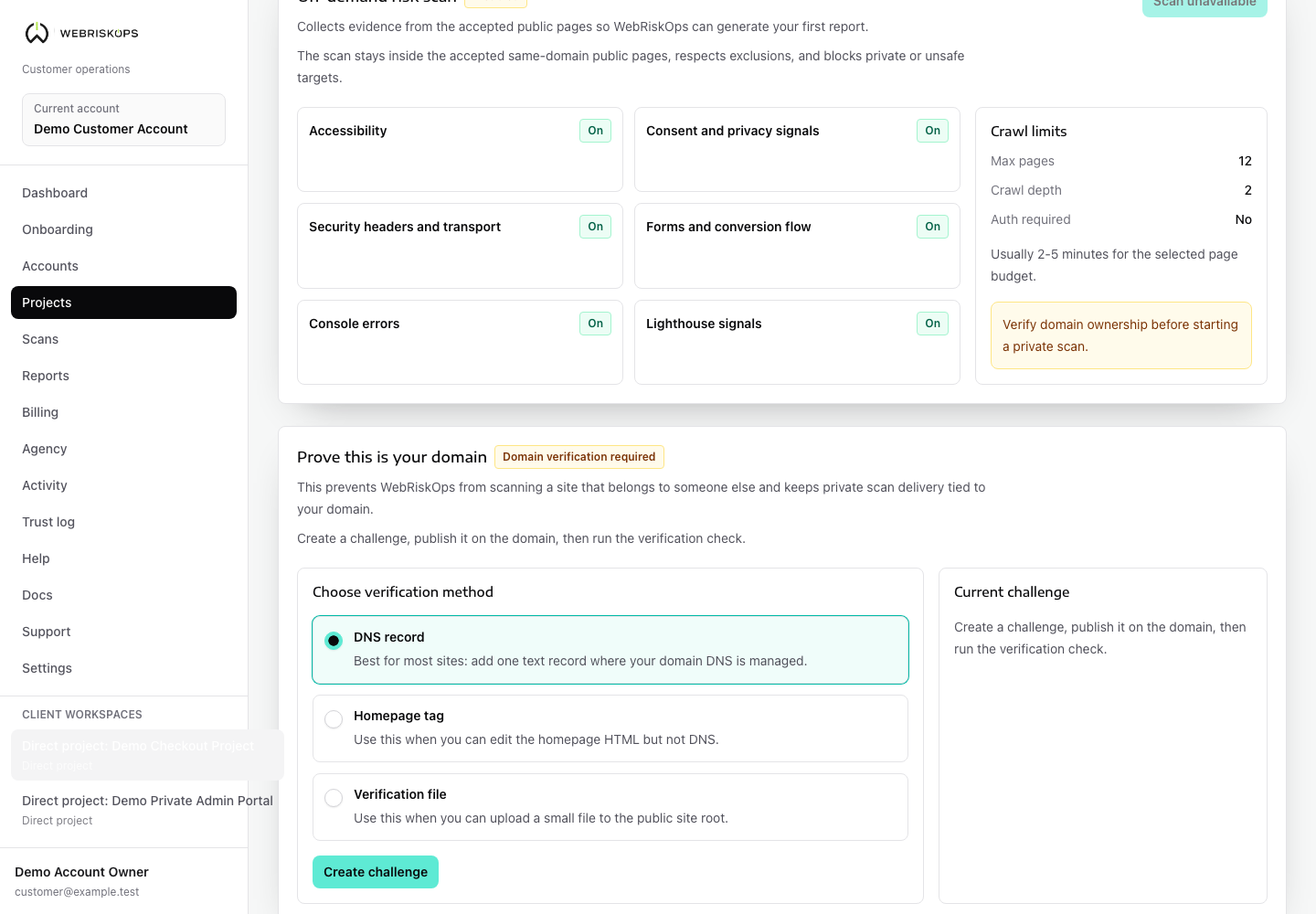 WebRiskOps domain ownership verification panel with challenge method, current challenge and check verification action