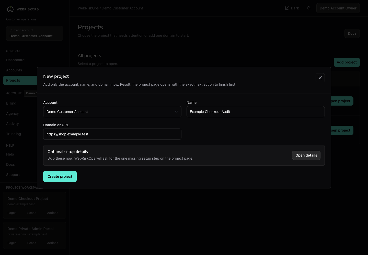 WebRiskOps new project modal with account, name, domain and optional setup details