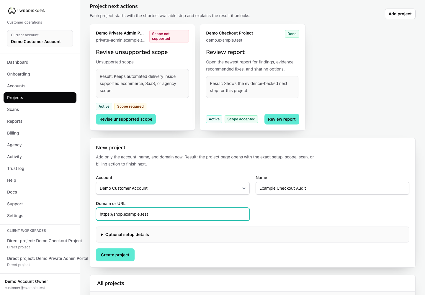 WebRiskOps new project modal with account, name, domain and optional setup details
