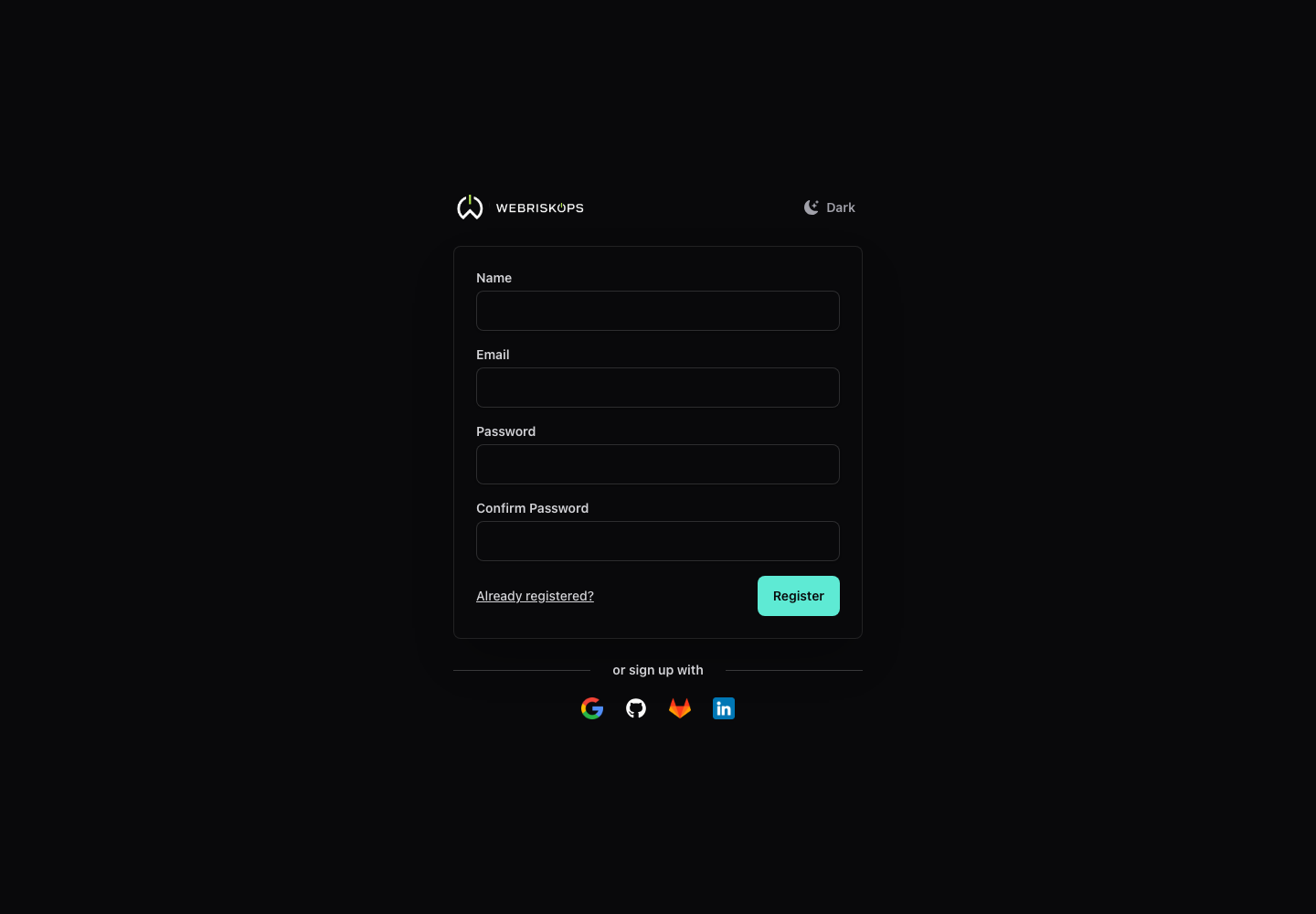 WebRiskOps create account form with name, email, password, confirmation and register controls
