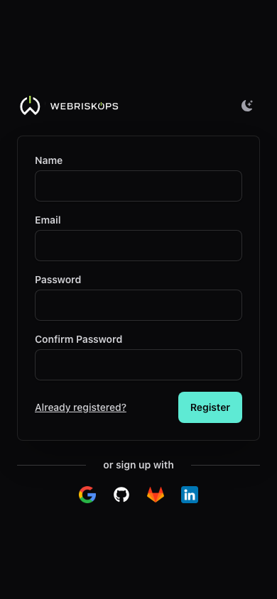 WebRiskOps create account form with name, email, password, confirmation and register controls