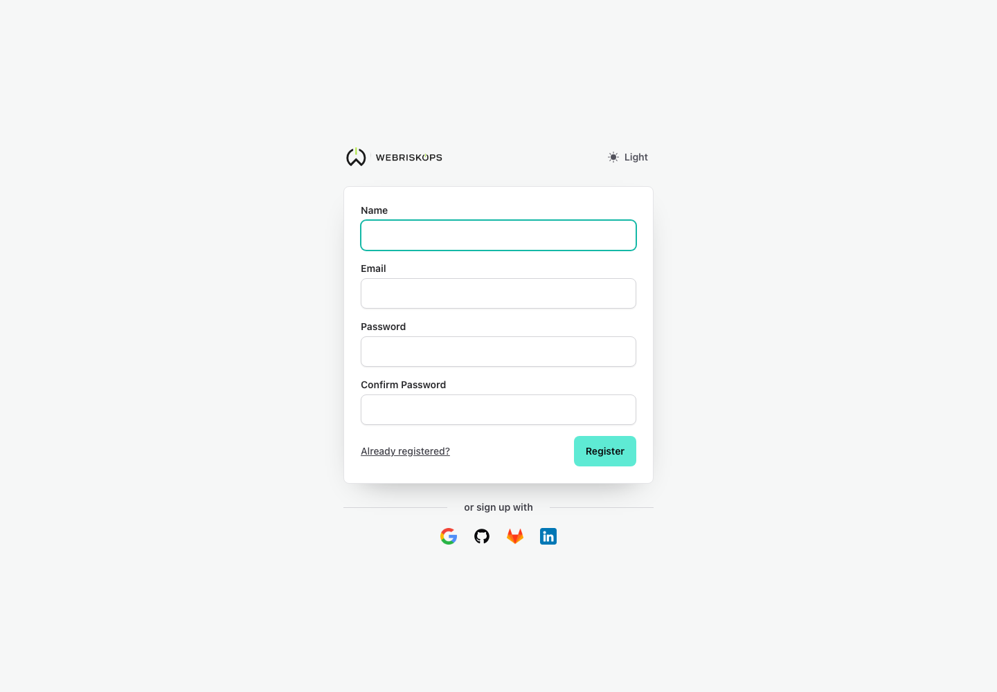 WebRiskOps create account form with name, email, password, confirmation and register controls