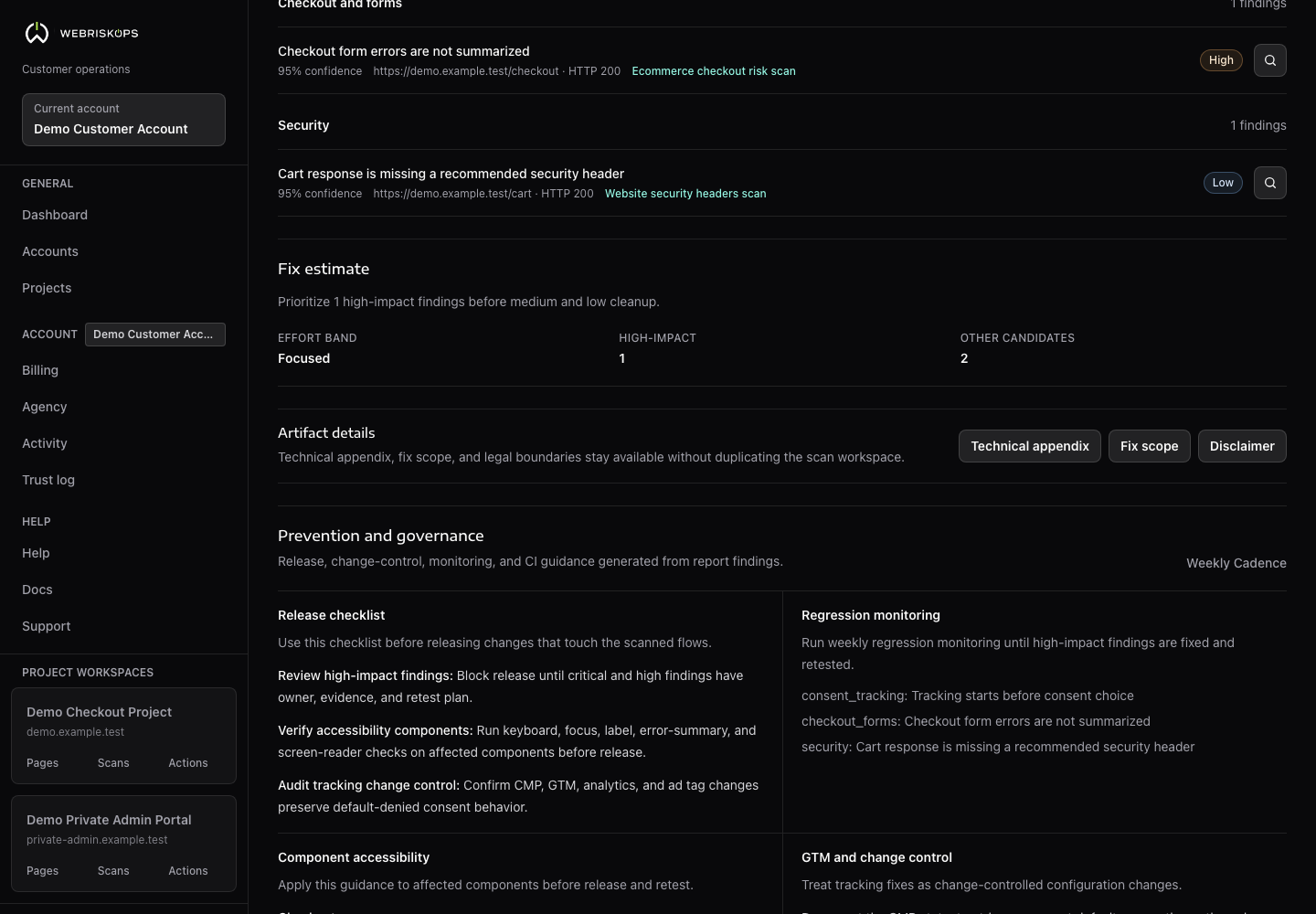 WebRiskOps report technical appendix showing console and network evidence counts with screenshot and HTML artifact status