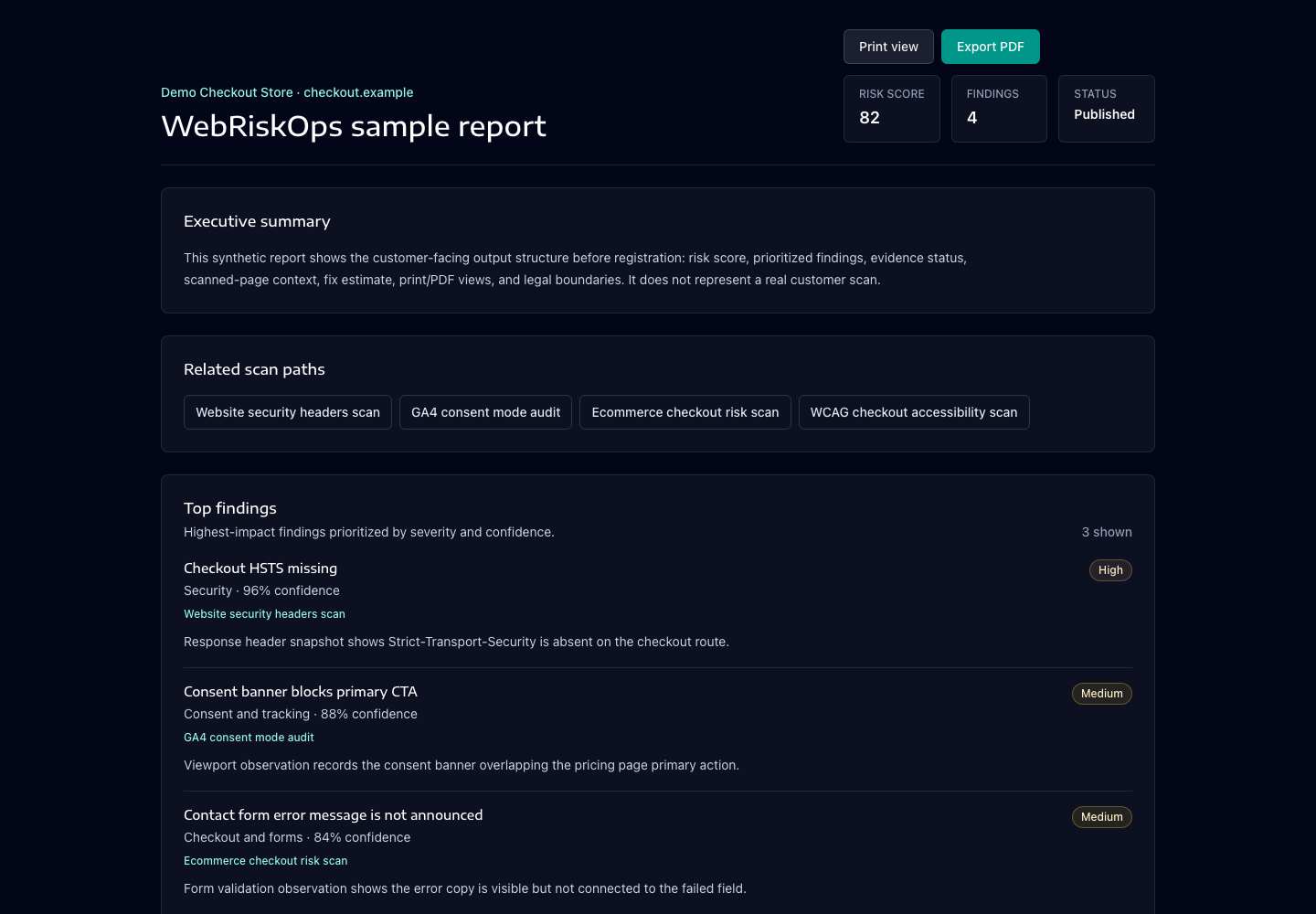 Customer-safe demo public report with score, findings and evidence boundaries