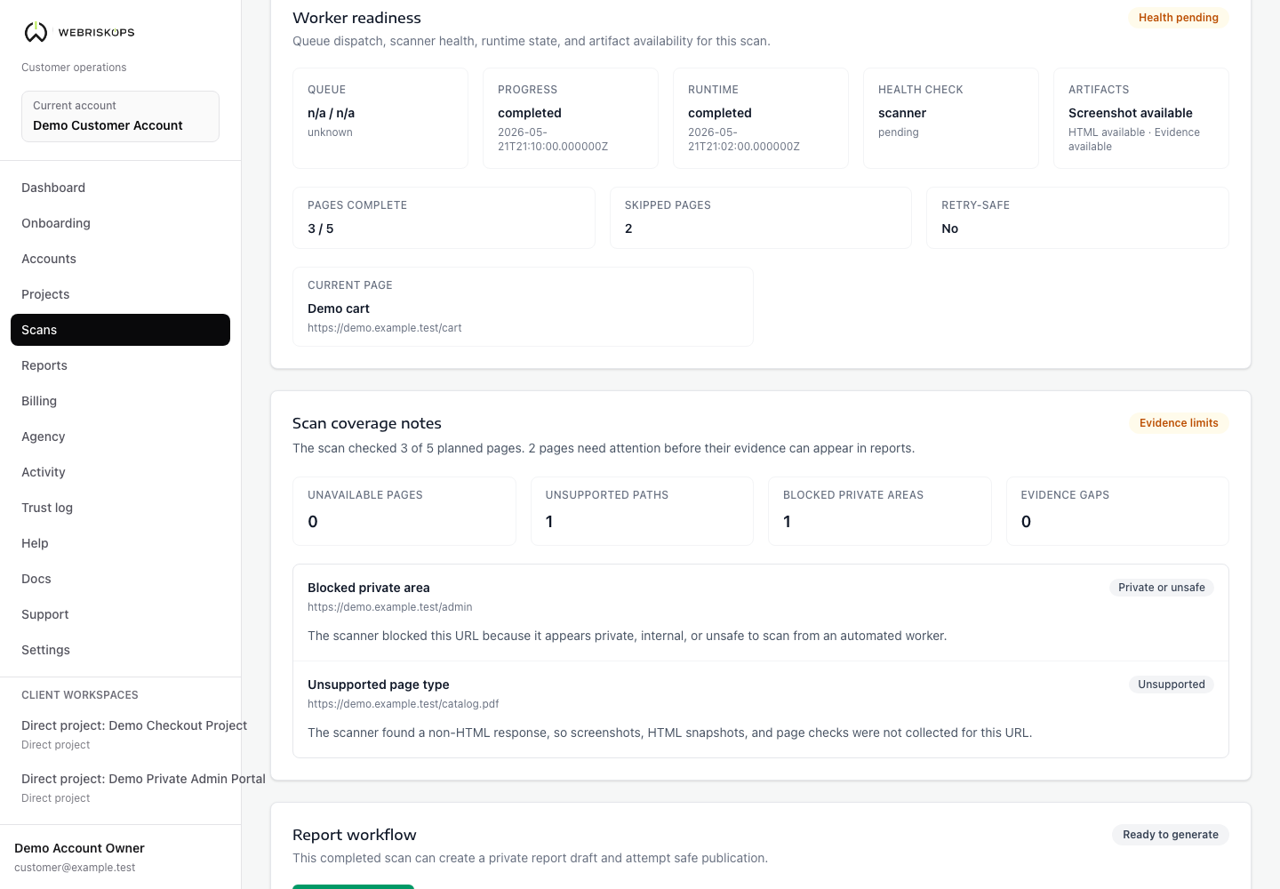 WebRiskOps scan detail page showing scan coverage notes, skipped page reasons and evidence limits