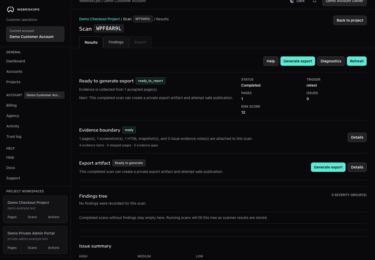 WebRiskOps scan detail page showing worker readiness, artifact availability and scan coverage notes
