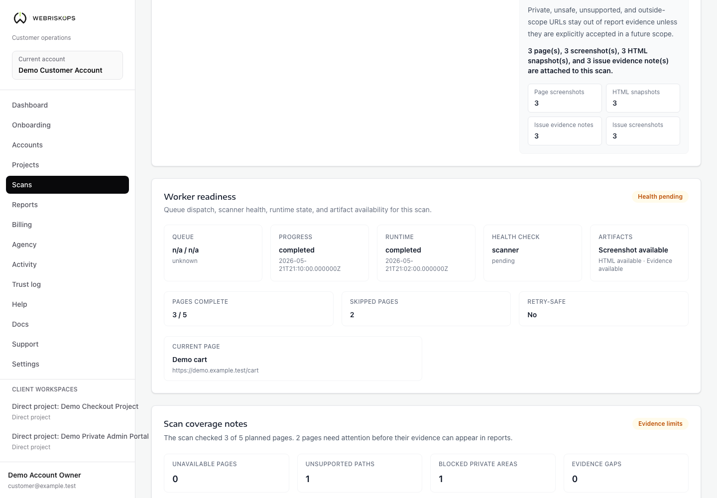 WebRiskOps scan detail page showing worker readiness, artifact availability and scan coverage notes