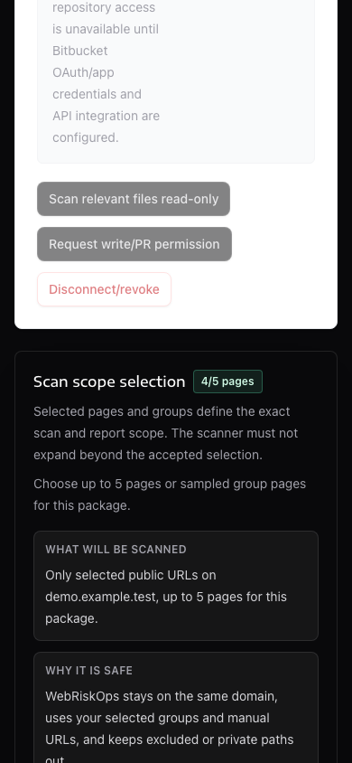 WebRiskOps scan scope selection with discovered URL groups, selected scope count, manual URL and scope acceptance controls