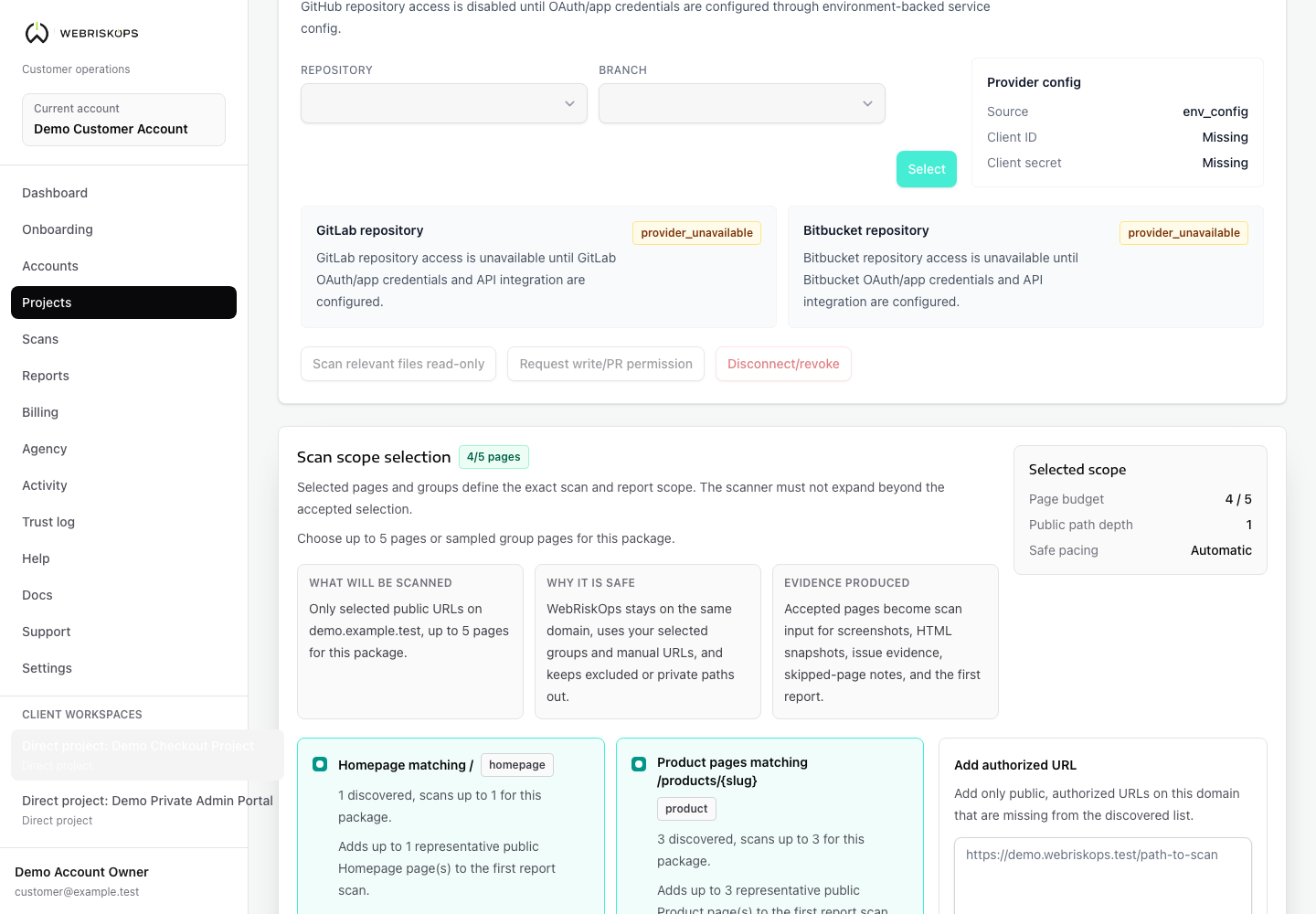 WebRiskOps scan scope selection with discovered URL groups, selected scope count, manual URL and scope acceptance controls