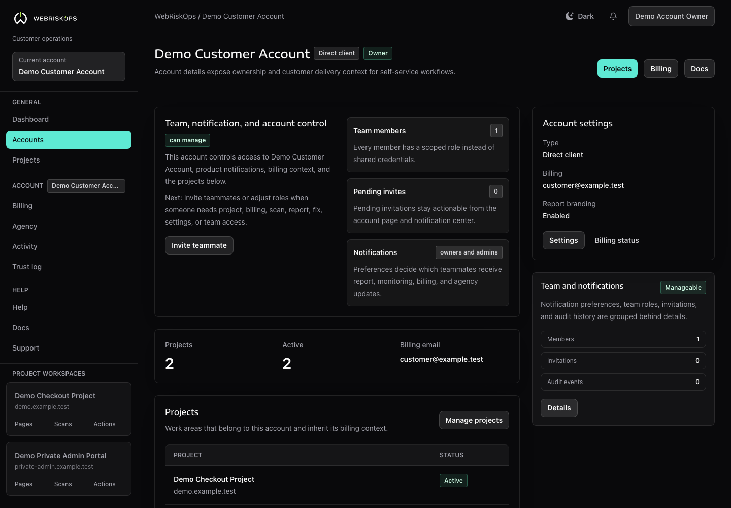 WebRiskOps team invitations form with email, role selection, send invite action and pending invitation list