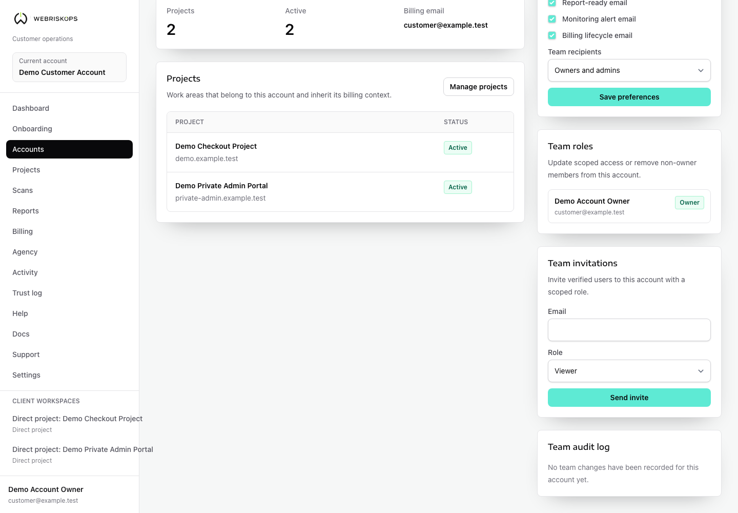 WebRiskOps team invitations form with email, role selection, send invite action and pending invitation list
