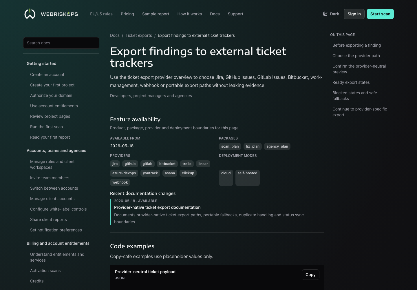Ticket export documentation page with provider paths and evidence-safe guidance