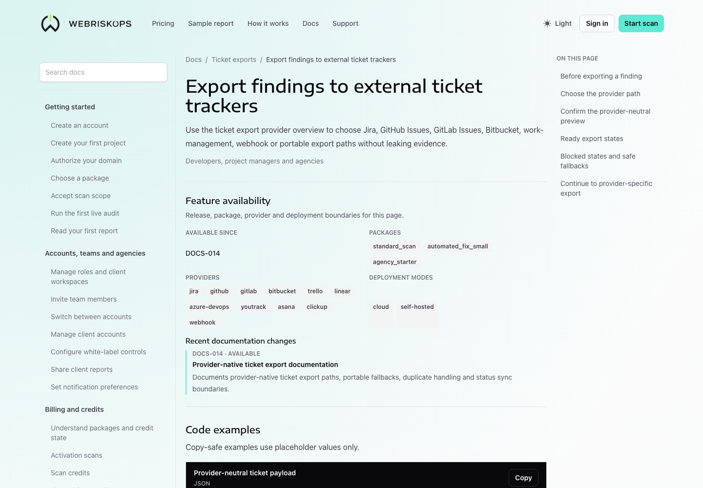 Ticket export documentation page with provider paths and evidence-safe guidance