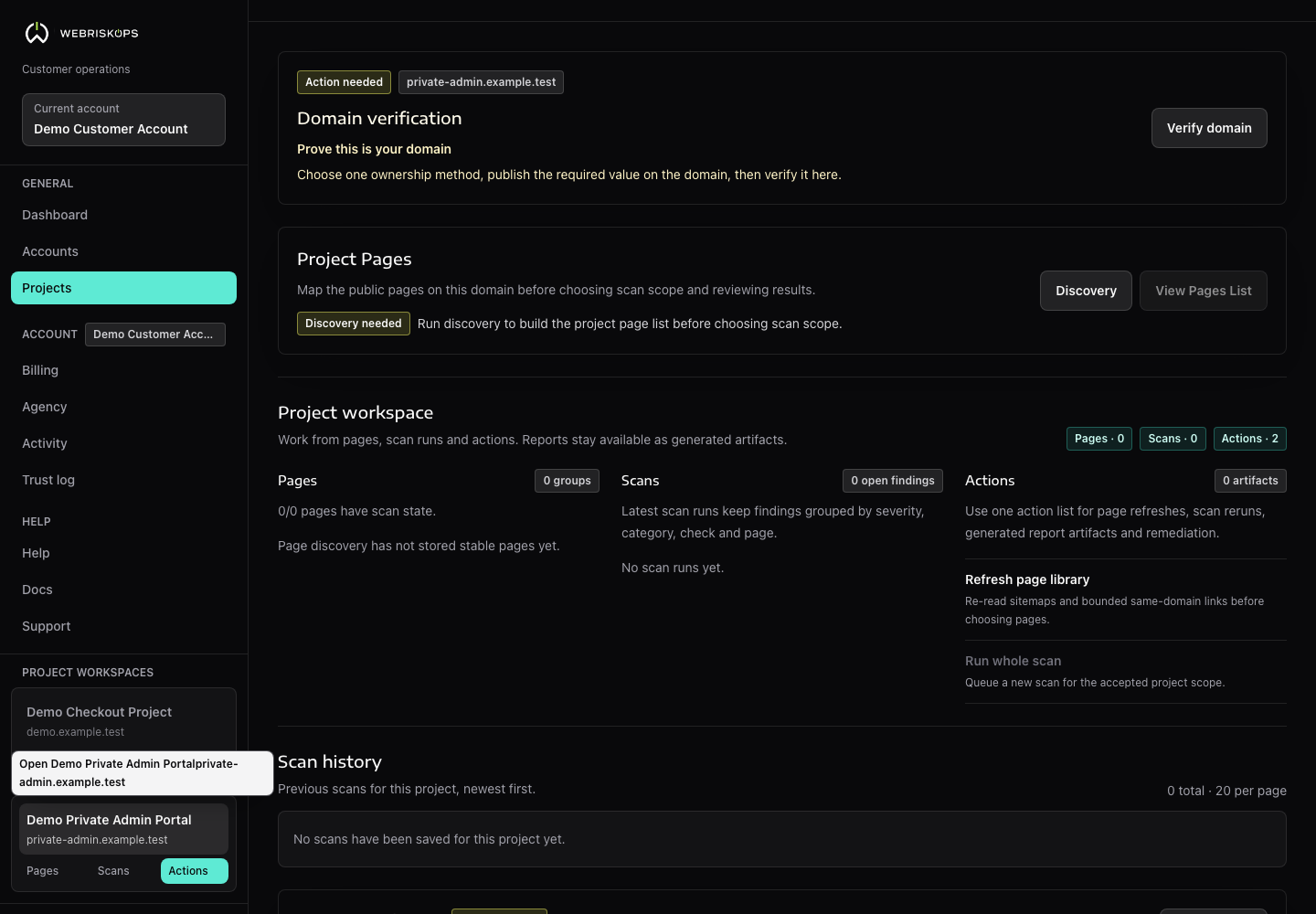 WebRiskOps project workspace showing unsupported public-page boundary reasons before scan execution
